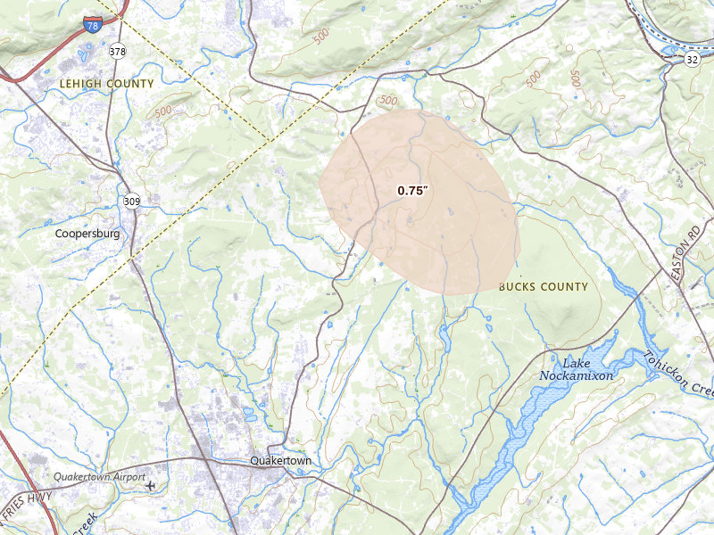 Radar-estimated hail-size map of the storm over Richlandtown, PA on Jul 1, 2026