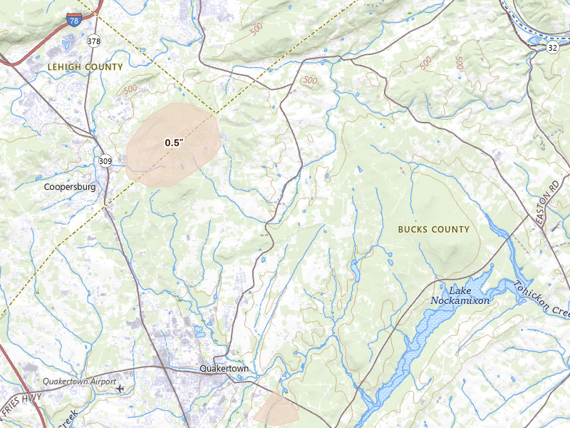 Radar-estimated hail-size map of the storm over Richlandtown, PA on Jul 28, 2026