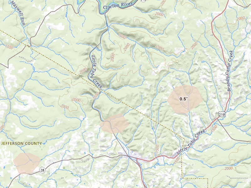Radar-estimated hail-size map of the storm over Ridgway, PA on Mar 7, 2026