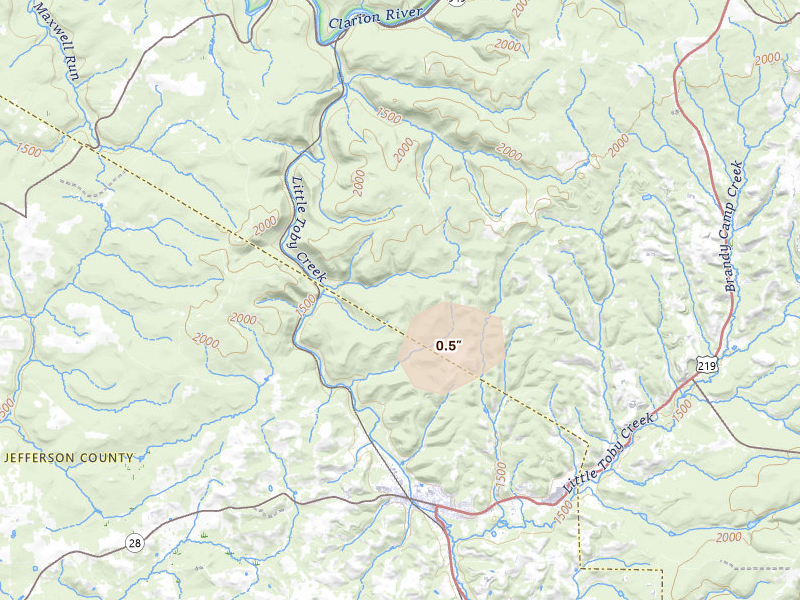 Radar-estimated hail-size map of the storm over Ridgway, PA on May 13, 2026