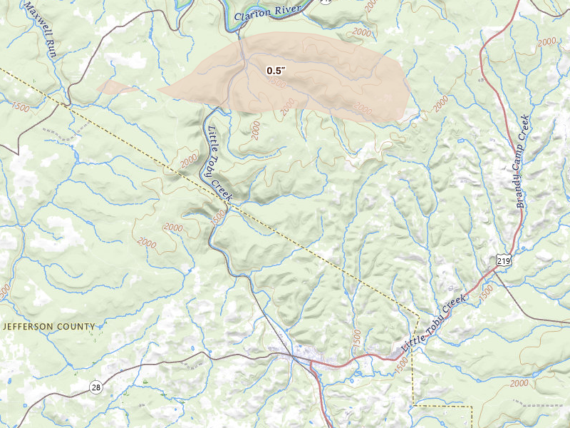 Radar-estimated hail-size map of the storm over Ridgway, PA on Jun 6, 2026