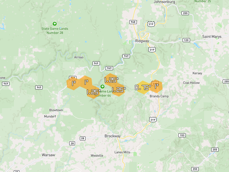 Hail map of Ridgway, PA on Jun 6, 2026, hail up to 1.25"