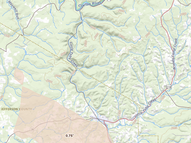 Radar-estimated hail-size map of the storm over Ridgway, PA on Jul 3, 2026