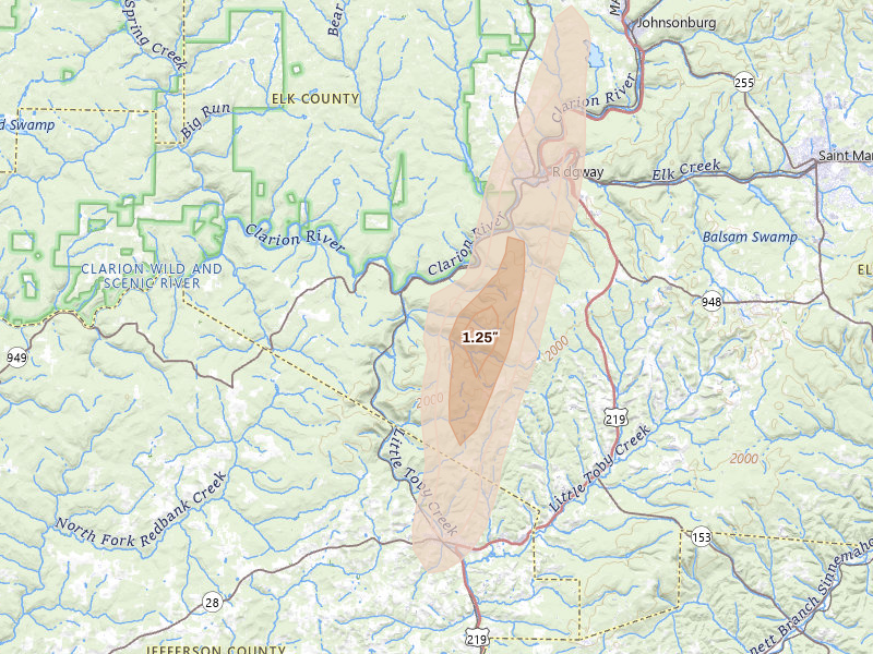 Radar-estimated hail-size map of the storm over Ridgway, PA on Aug 22, 2026