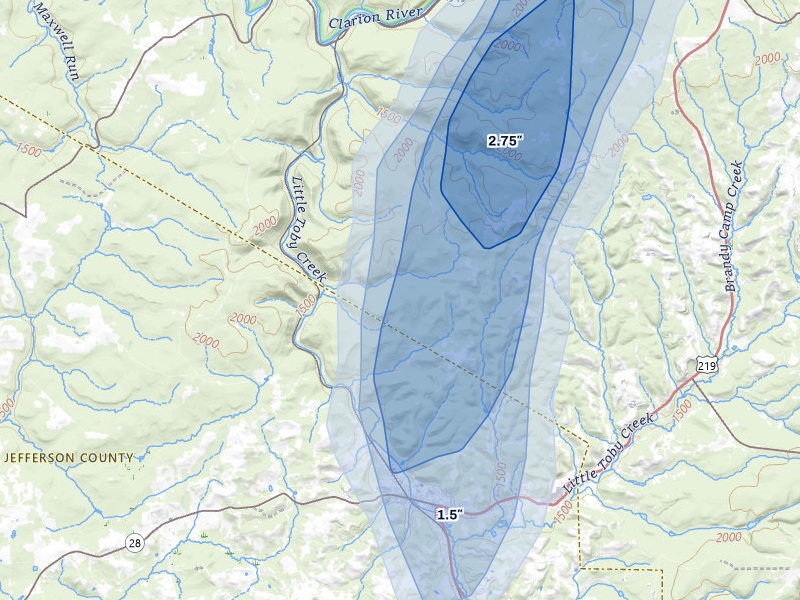 NEXRAD radar-signature map of the hail storm over Ridgway, PA on Aug 22, 2026
