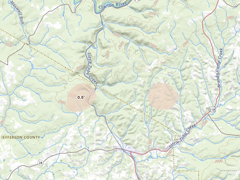 Radar-estimated hail-size map of the storm over Ridgway, PA on Sep 2, 2026