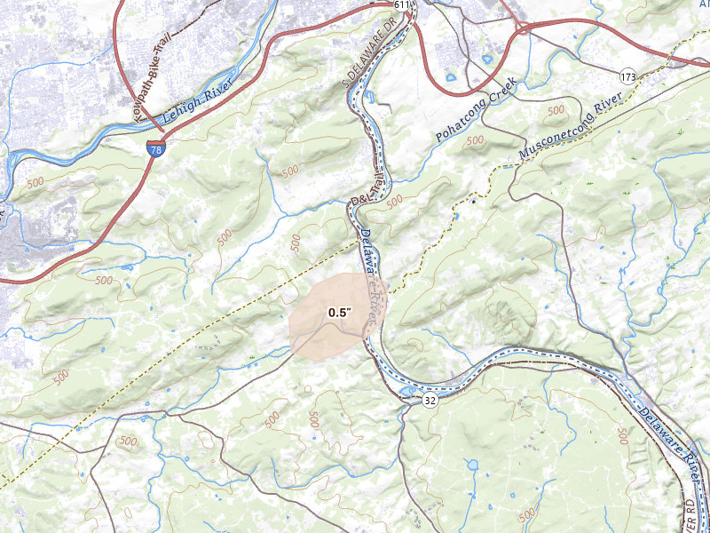 Radar-estimated hail-size map of the storm over Riegelsville, PA on May 20, 2026