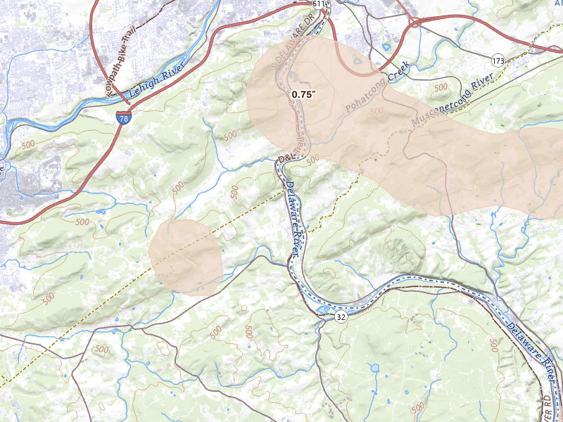 Radar-estimated hail-size map of the storm over Riegelsville, PA on Jul 3, 2026