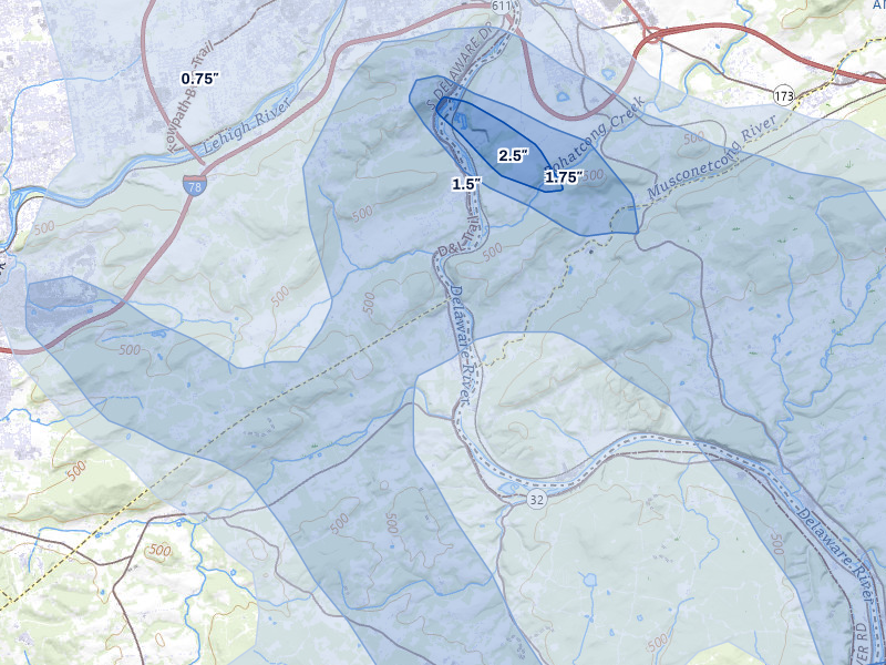 NEXRAD radar-signature map of the hail storm over Riegelsville, PA on Jul 3, 2026