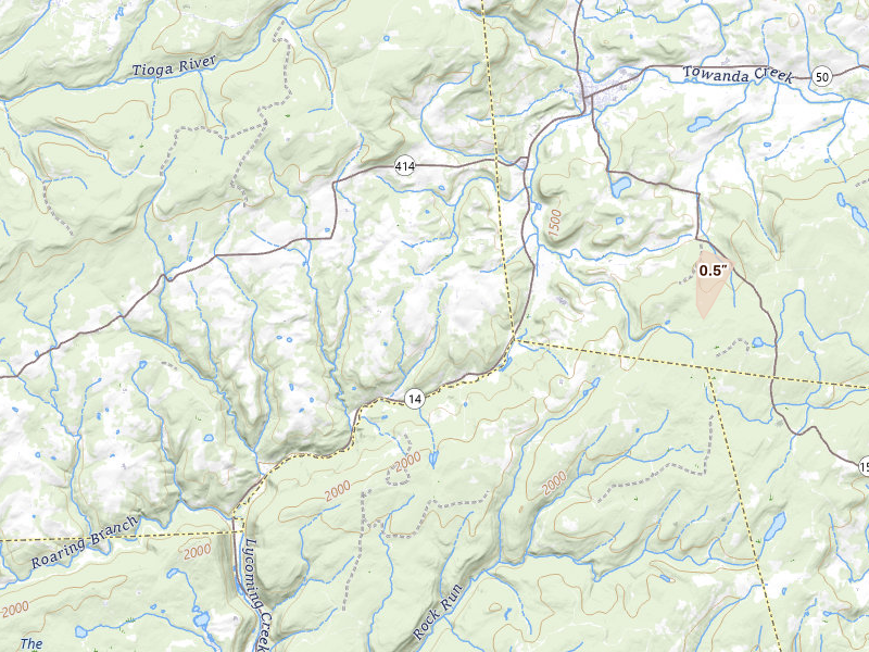 Radar-estimated hail-size map of the storm over Roaring Branch, PA on Jul 3, 2026