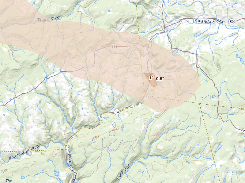 Radar-estimated hail-size map of the storm over Roaring Branch, PA on Jul 4, 2026