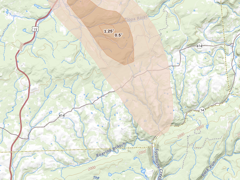 Radar-estimated hail-size map of the storm over Roaring Branch, PA on Sep 1, 2026