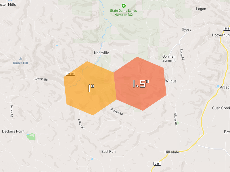 Hail map of Rochester Mills, PA on Jun 6, 2026, hail up to 1.5"