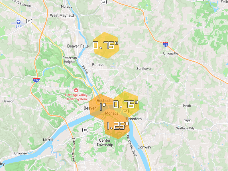 Hail map of Rochester, PA on Jul 4, 2026, hail up to 1.25"