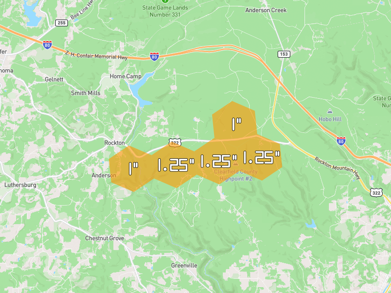Hail map of Rockton, PA on Jul 4, 2026, hail up to 1.25"