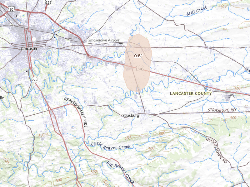 Radar-estimated hail-size map of the storm over Ronks, PA on Jul 5, 2026