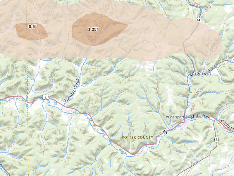 Radar-estimated hail-size map of the storm over Roulette, PA on Apr 15, 2026
