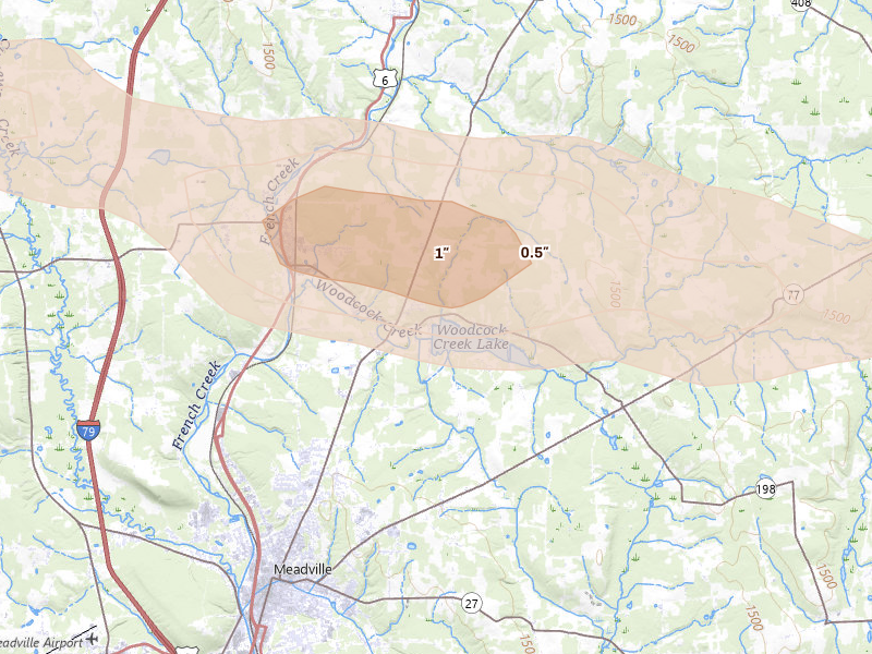 Radar-estimated hail-size map of the storm over Saegertown, PA on Jul 3, 2026