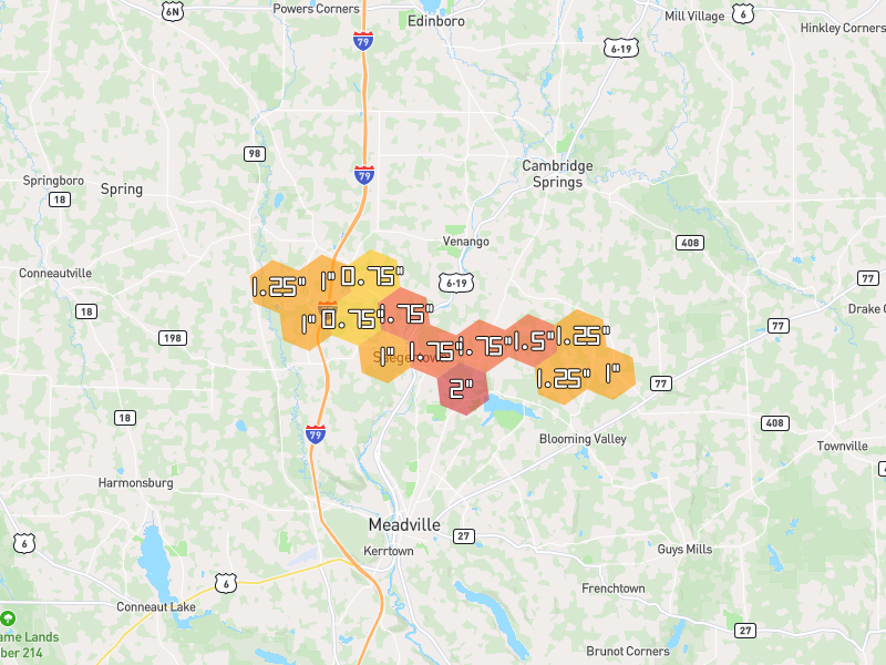 Hail map of Saegertown, PA on Jul 3, 2026, hail up to 2"