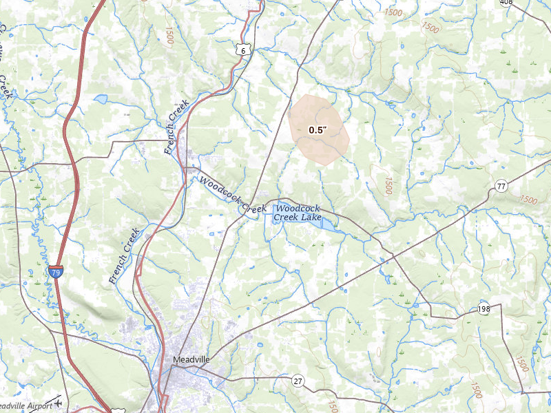 Radar-estimated hail-size map of the storm over Saegertown, PA