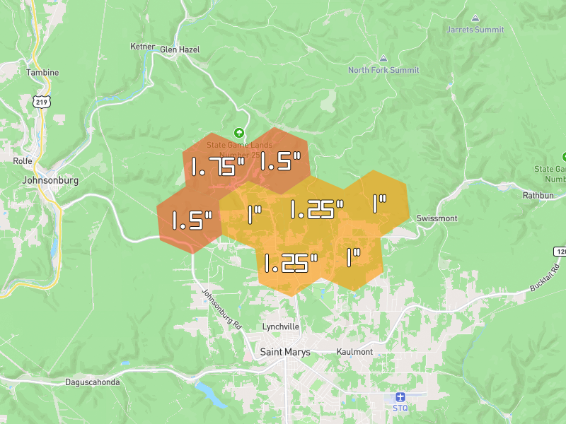 Hail map of Saint Marys, PA on Jul 6, 2026, hail up to 1.75"
