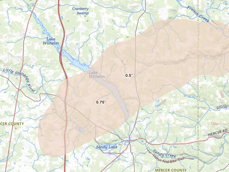 Radar-estimated hail-size map of the storm over Sandy Lake, PA on Aug 22, 2026