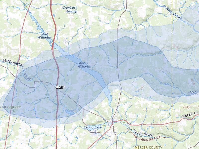 NEXRAD radar-signature map of the hail storm over Sandy Lake, PA on Aug 22, 2026