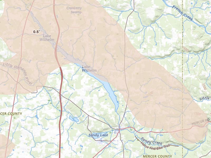Radar-estimated hail-size map of the storm over Sandy Lake, PA on Sep 2, 2026