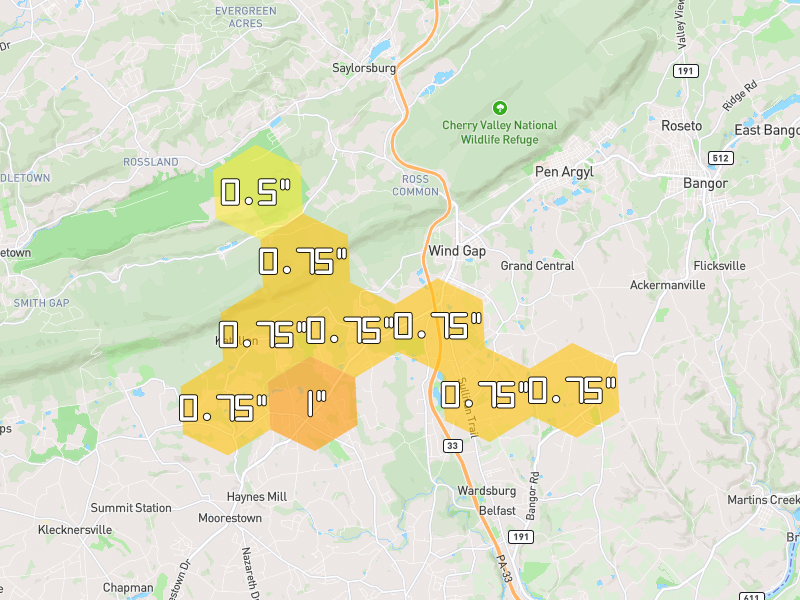 Hail map of Saylorsburg, PA on Jul 3, 2026, hail up to 1"