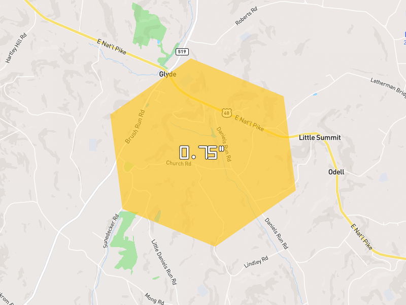 Hail map of Scenery Hill, PA on Jun 6, 2026, hail up to 0.75"