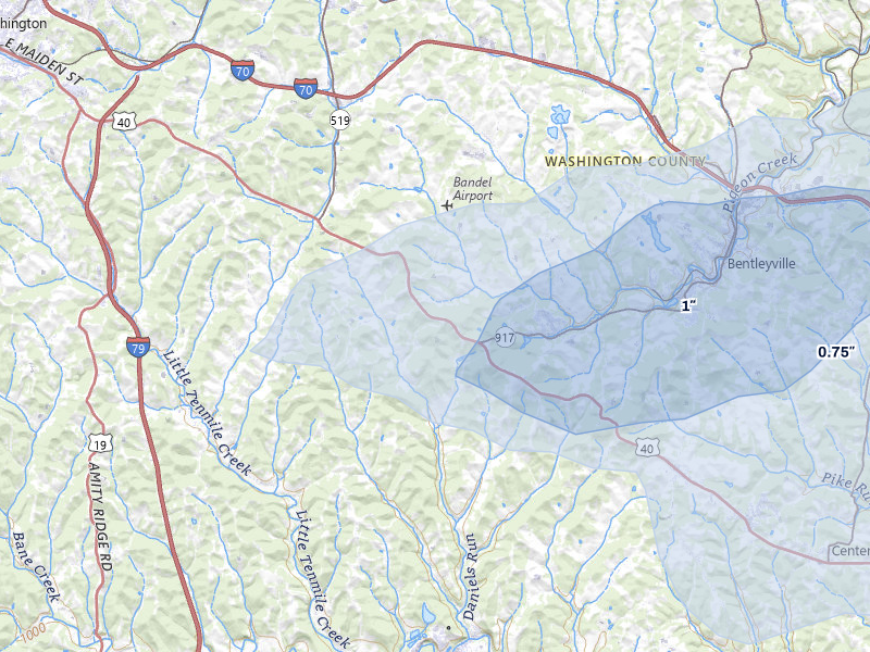 NEXRAD radar-signature map of the hail over Scenery Hill, PA