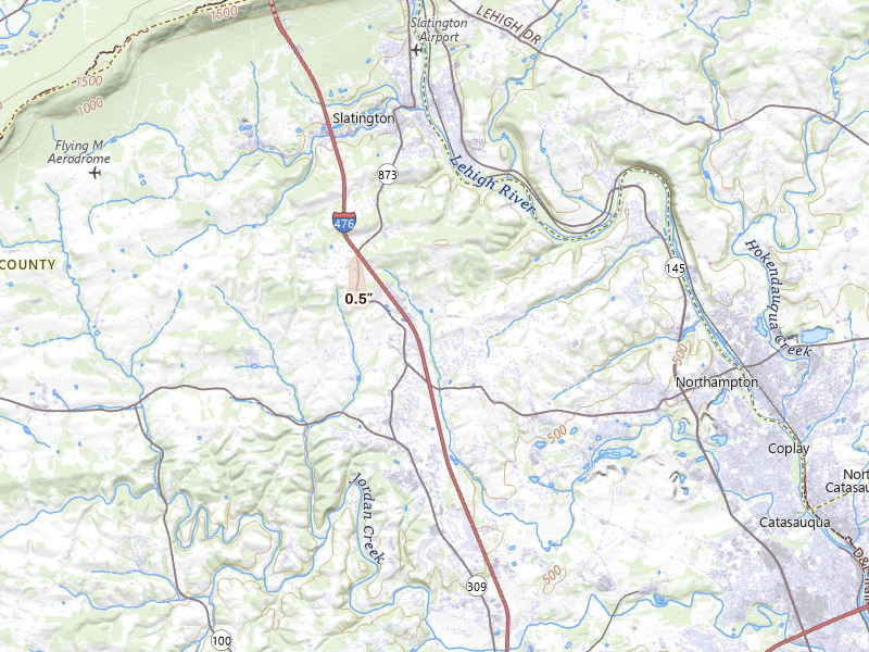 Radar-estimated hail-size map of the storm over Schnecksville, PA on Jul 1, 2026