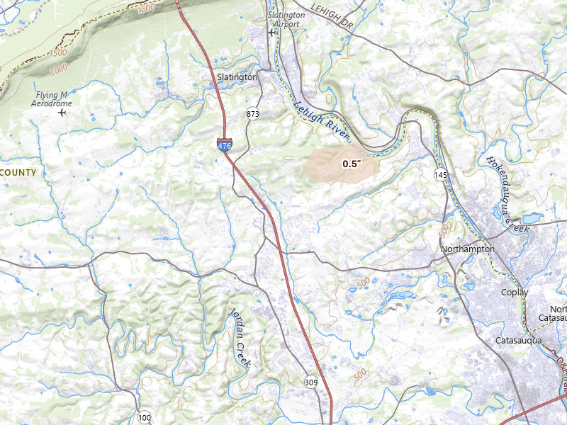 Radar-estimated hail-size map of the storm over Schnecksville, PA on Jul 3, 2026