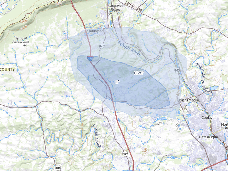NEXRAD radar-signature map of the hail storm over Schnecksville, PA on Jul 3, 2026