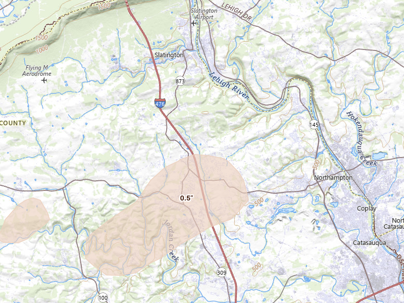 Radar-estimated hail-size map of the storm over Schnecksville, PA on Aug 7, 2026