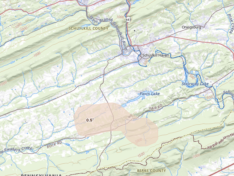 Radar-estimated hail-size map of the storm over Schuylkill Haven, PA on Aug 17, 2026