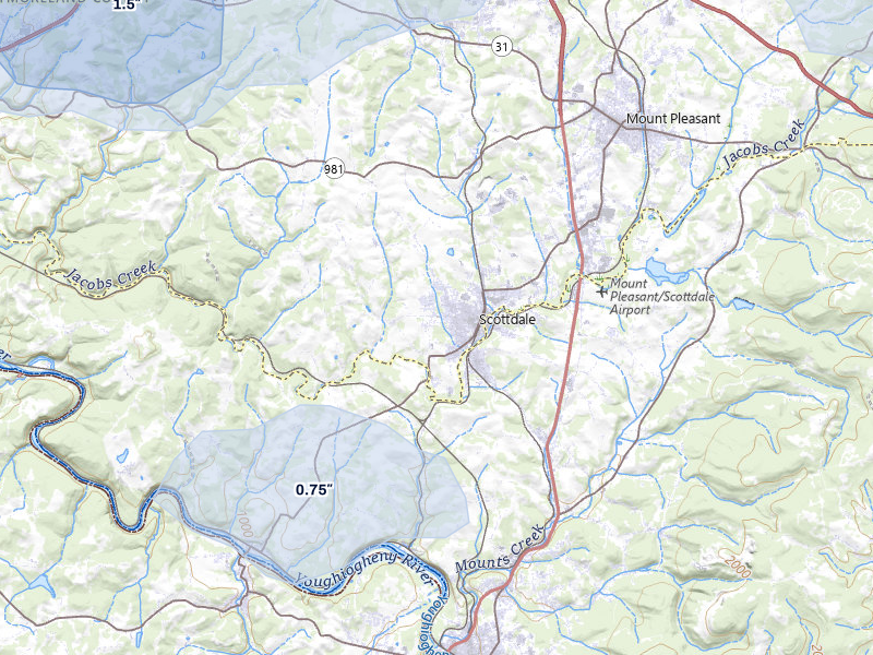 NEXRAD radar-signature map of the hail storm over Scottdale, PA on May 13, 2026