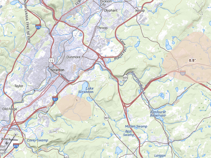 Radar-estimated hail-size map of the storm over Scranton, PA on Jul 3, 2026