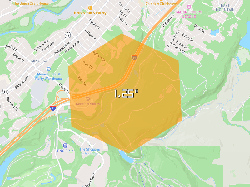 Hail map of Scranton, PA on Jul 3, 2026, hail up to 1.25"
