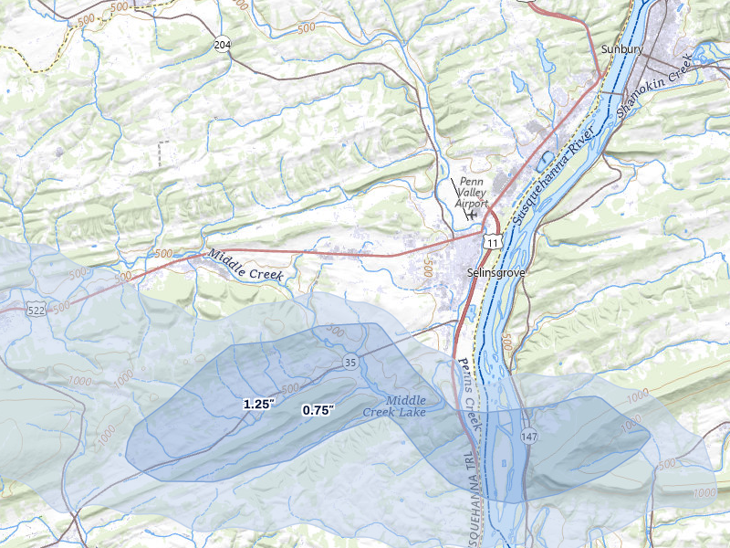 NEXRAD radar-signature map of the hail over Selinsgrove, PA