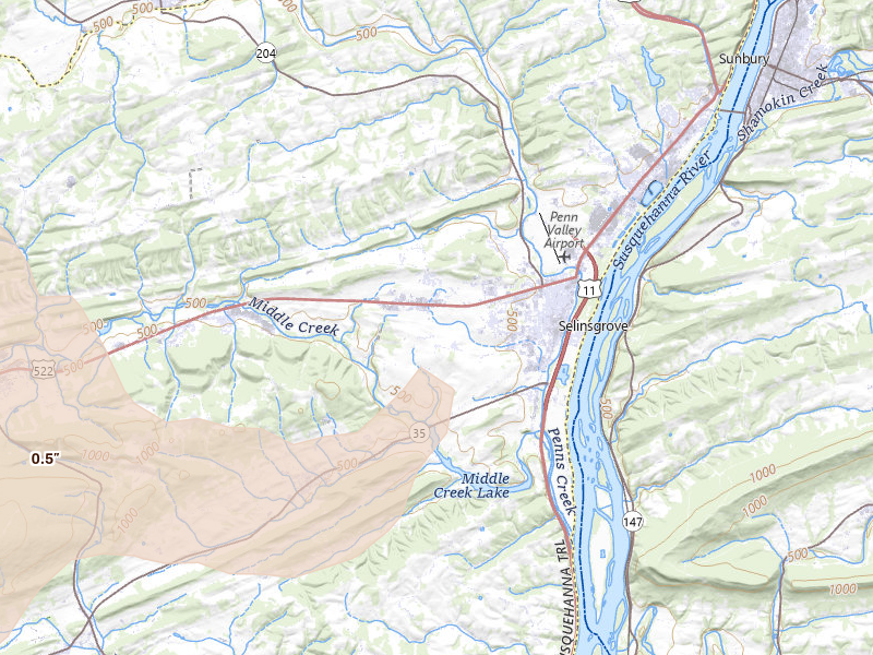 Radar-estimated hail-size map of the storm over Selinsgrove, PA on Jul 4, 2026