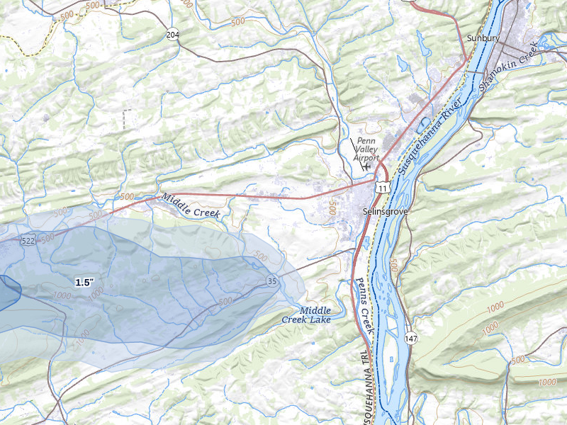 NEXRAD radar-signature map of the hail over Selinsgrove, PA