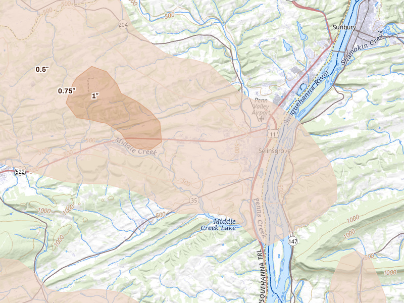 Radar-estimated hail-size map of the storm over Selinsgrove, PA on Sep 2, 2026