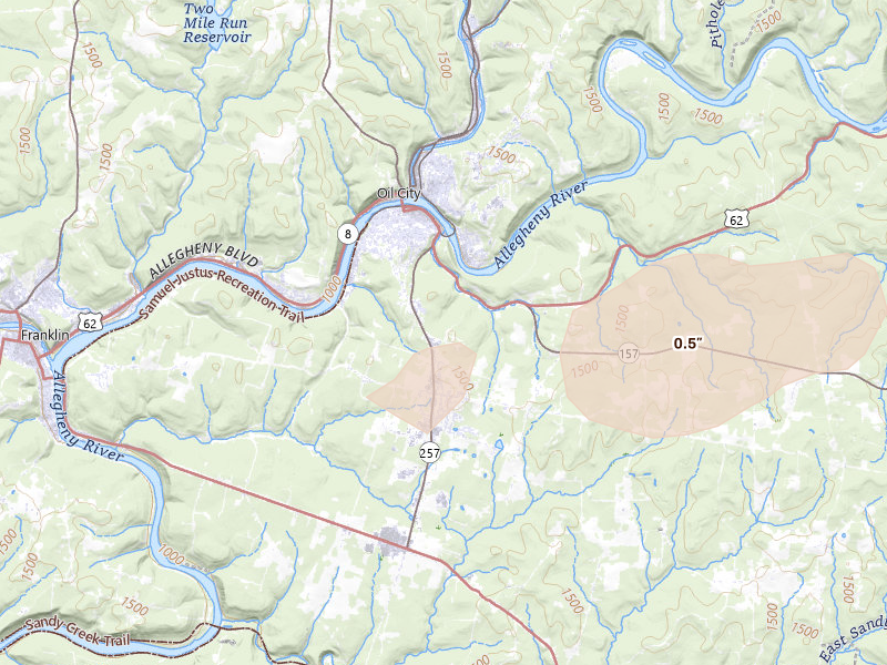 Radar-estimated hail-size map of the storm over Seneca, PA on May 13, 2026