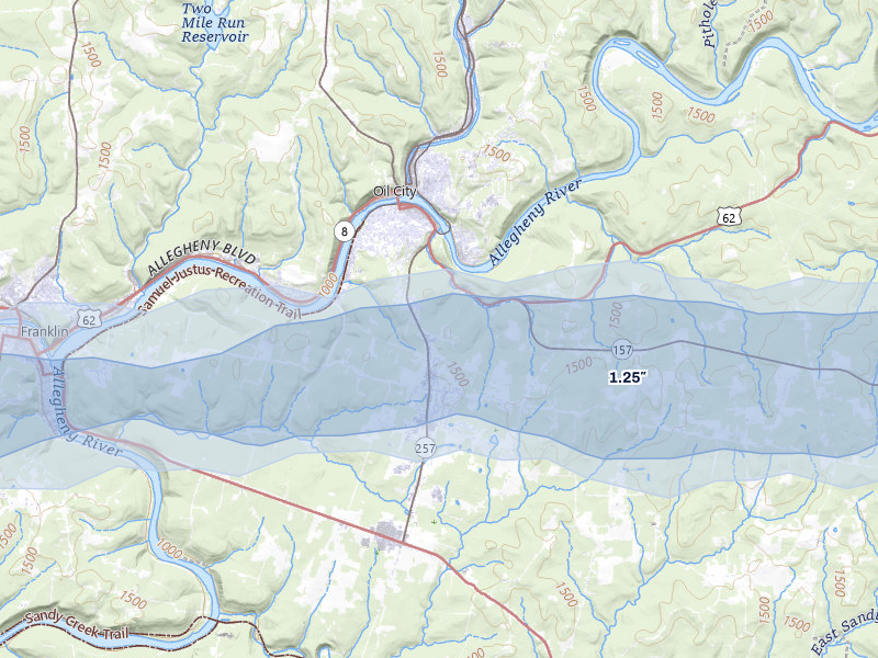 NEXRAD radar-signature map of the hail storm over Seneca, PA on May 13, 2026