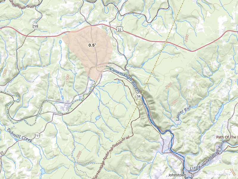 Radar-estimated hail-size map of the storm over Seward, PA on Jul 27, 2026
