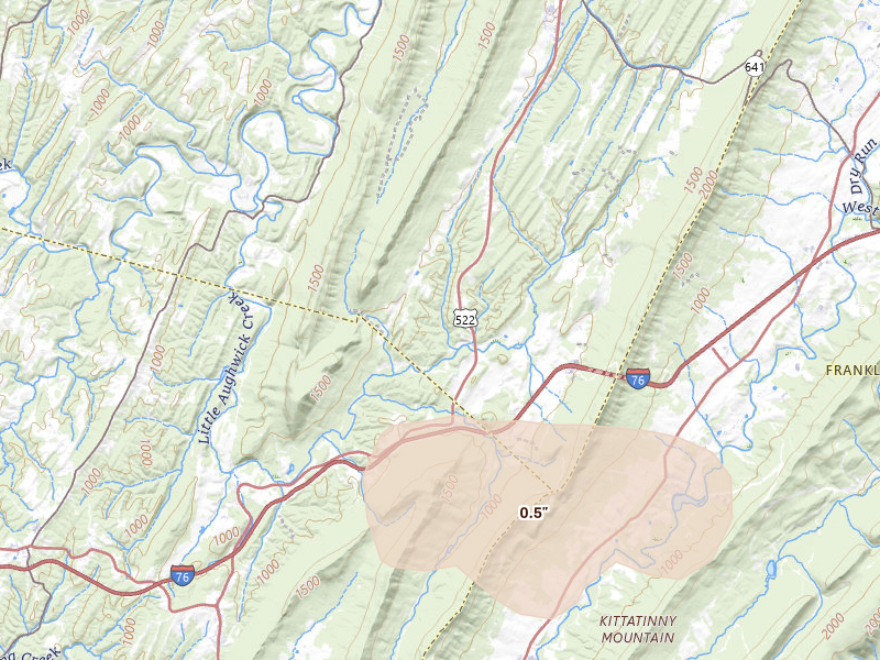 Radar-estimated hail-size map of the storm over Shade Gap, PA on Jul 5, 2026