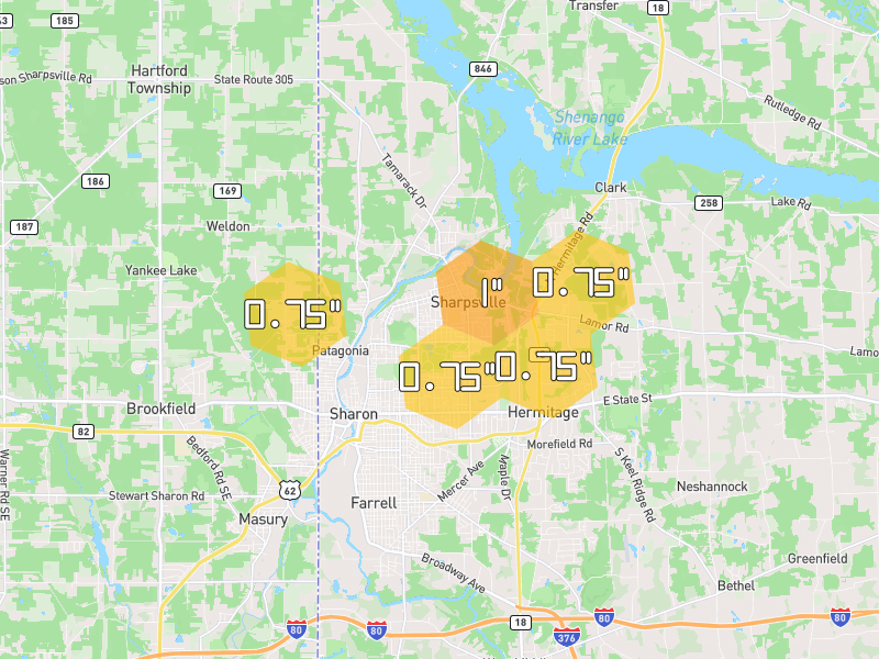 Hail map of Sharpsville, PA on Jul 3, 2026, hail up to 1"