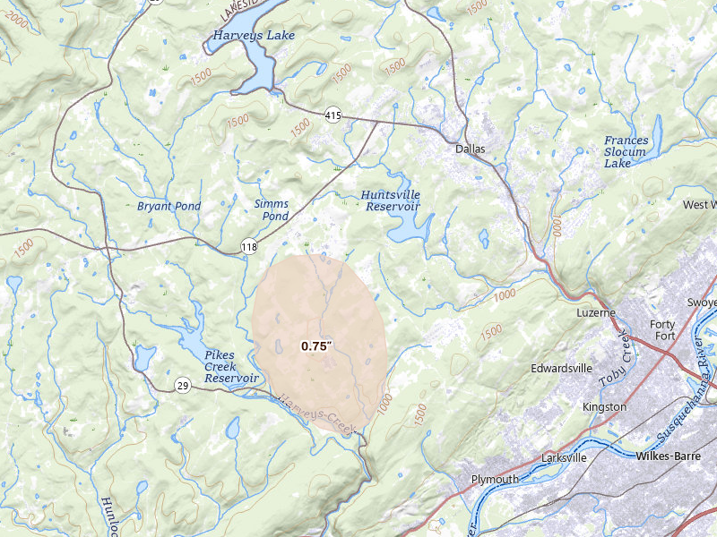 Radar-estimated hail-size map of the storm over Shavertown, PA on Jul 1, 2026