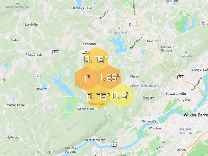 Hail map of Shavertown, PA on Jul 1, 2026, hail up to 1.25"